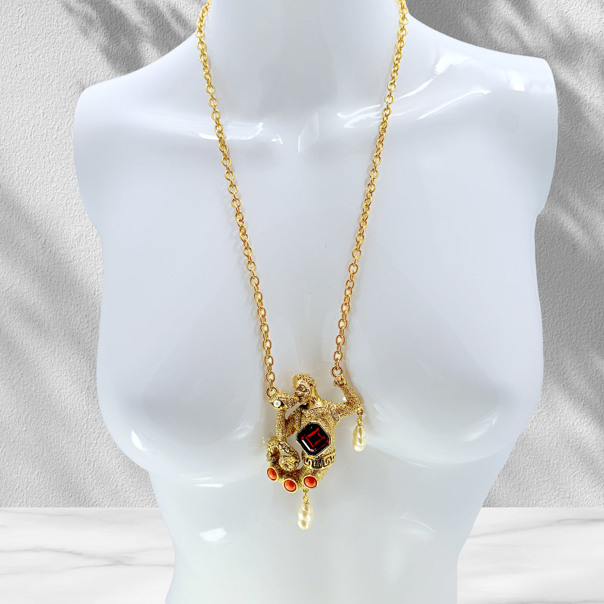 Kenneth Jay Lane Antique Gold Plate Swarovski Crystal Merman Mythology Necklace