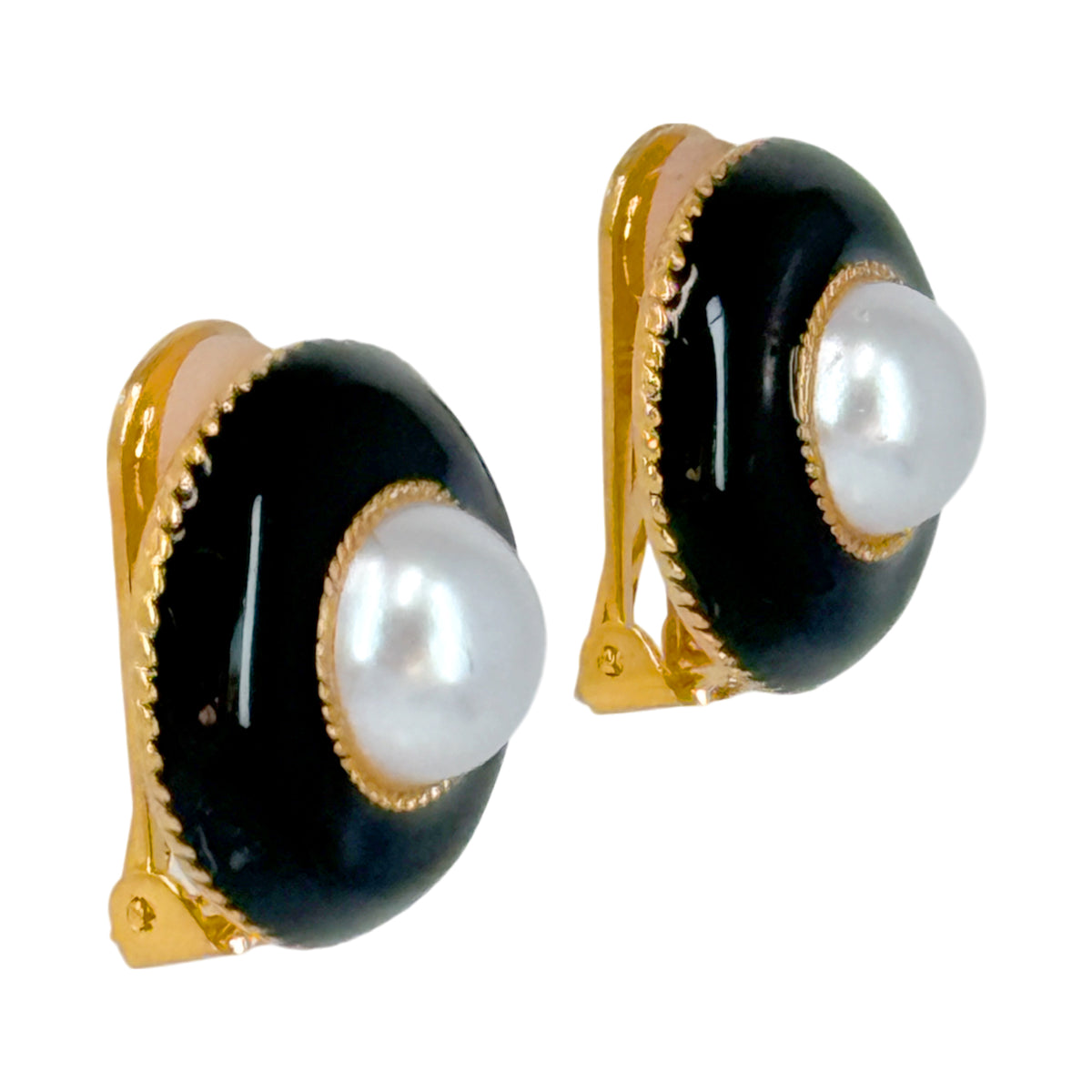 Kenneth Jay Lane 22K Gold Black Enamel Pearl Cabochon Button Clip-On Earrings