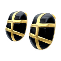Kenneth Jay Lane 22k Gold Plated Black Resin Clip Earrings with Cross Band Motif