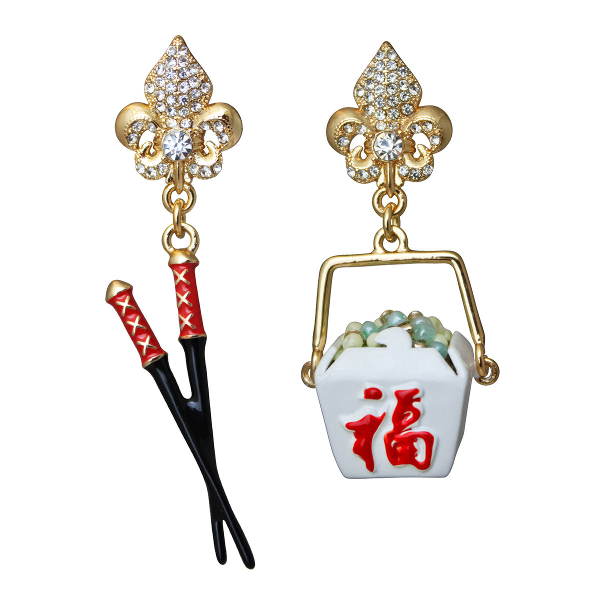 Ritzy Couture Chinese Take Out Container & Chopsticks Dangle Earrings Goldtone
