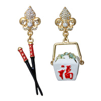 Ritzy Couture Chinese Take Out Container & Chopsticks Dangle Earrings Goldtone