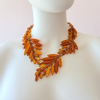 Oscar de la Renta 22K Gold Plated Orange Amber Resin Leaf Statement Necklace