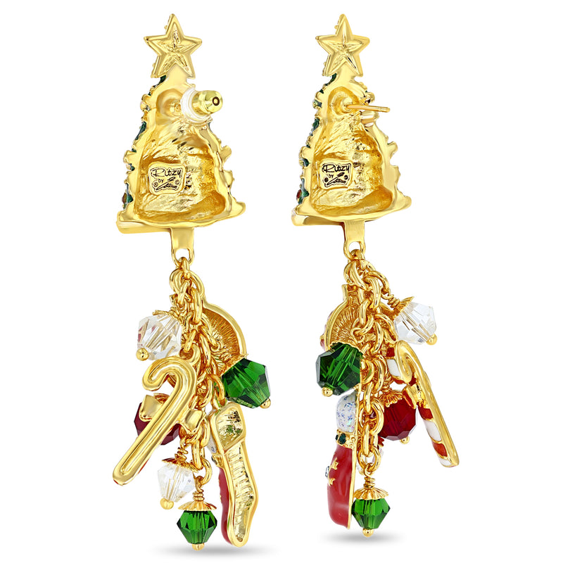 Christmas Tree Multi Charm Earrings for Women by Ritzy Couture DeLuxe - 22k Gold Plated