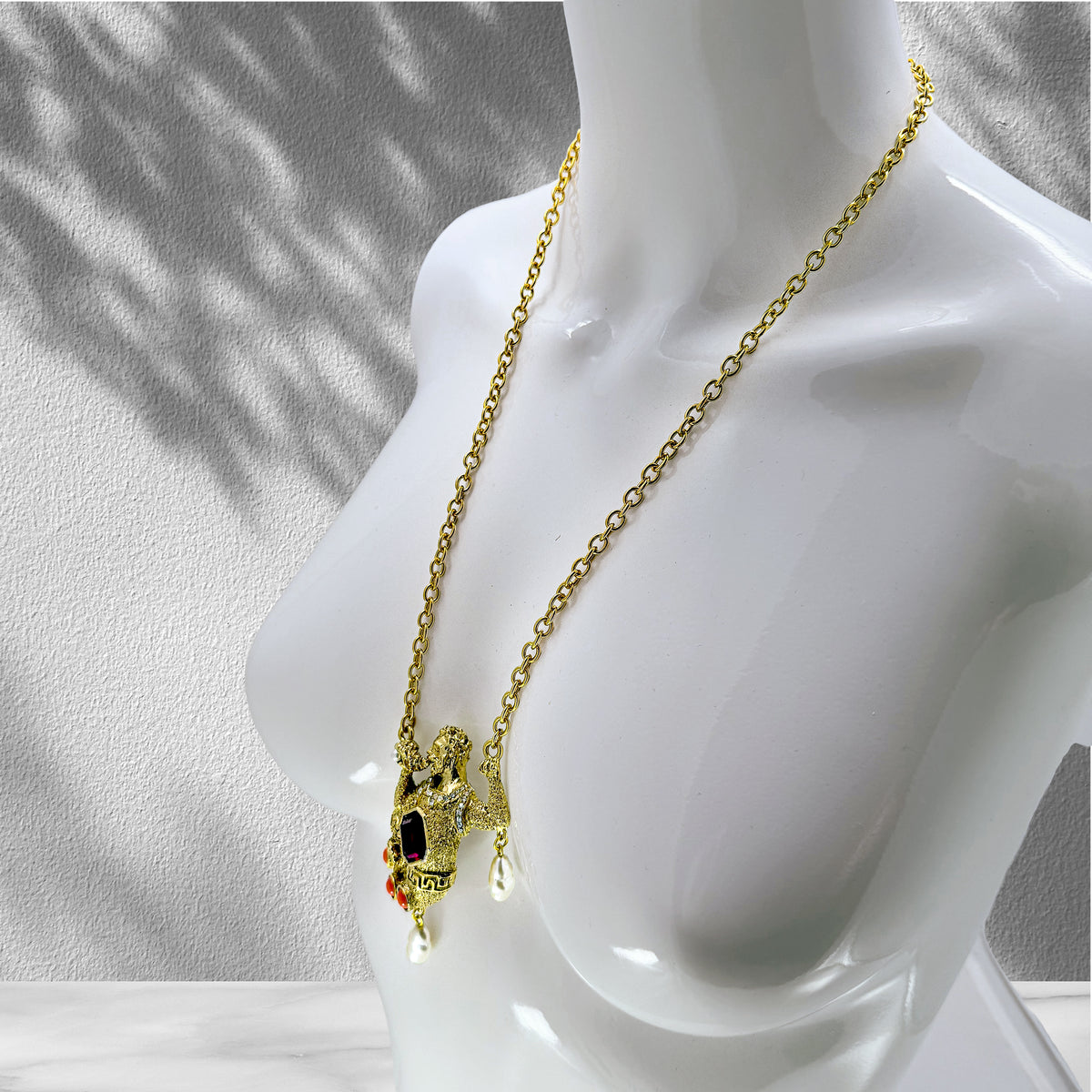 Kenneth Jay Lane Antique Gold Plate Swarovski Crystal Merman Mythology Necklace