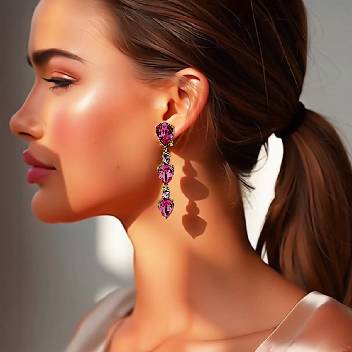 Oscar de la Renta Rose Pink Swarovski Crystal Drop Clip Earrings – Gold Plated