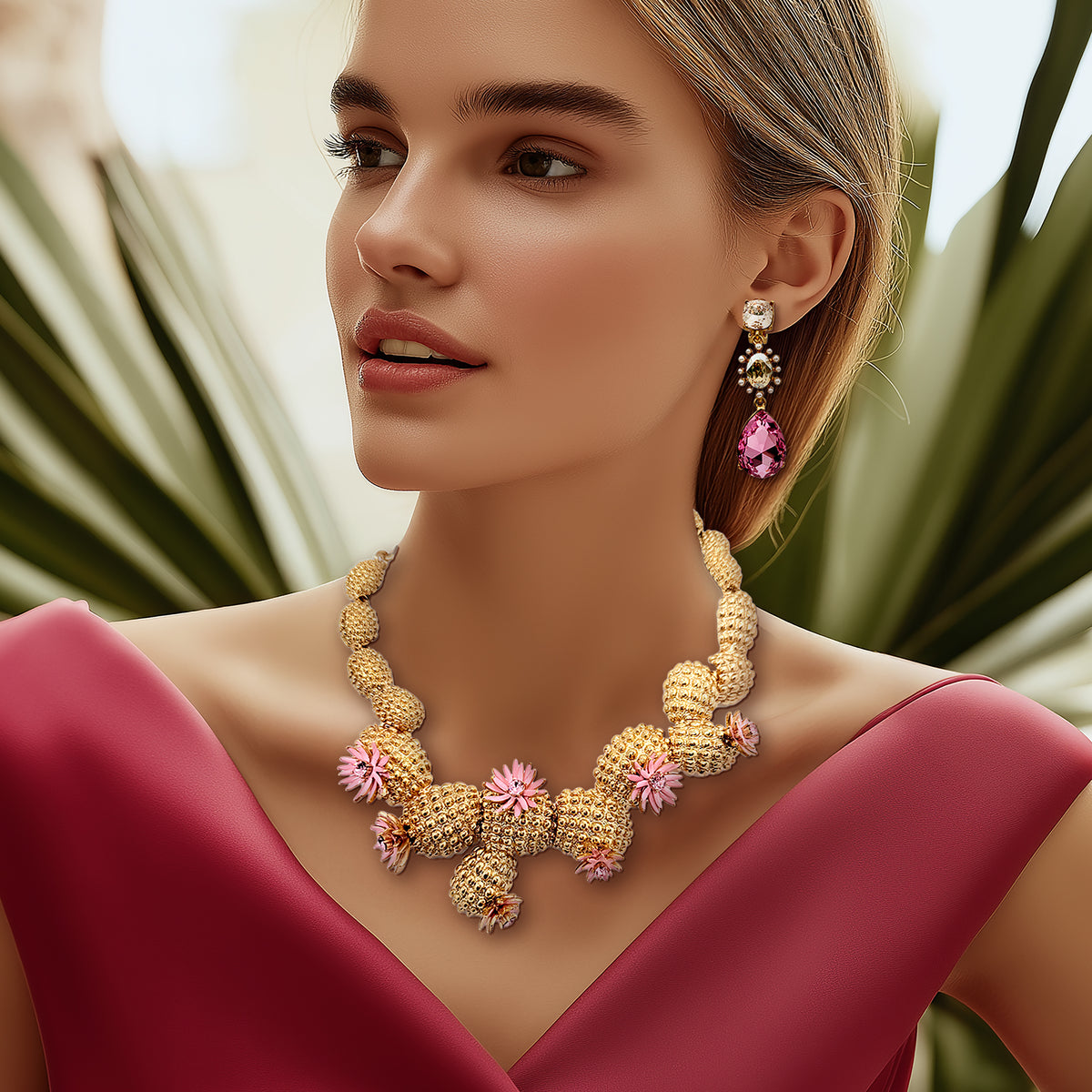 Close-up of Oscar de la Renta cactus blossom necklace in antique gold with sculpted cacti sections and pink enamel flowers, worn with a deep pink dress.