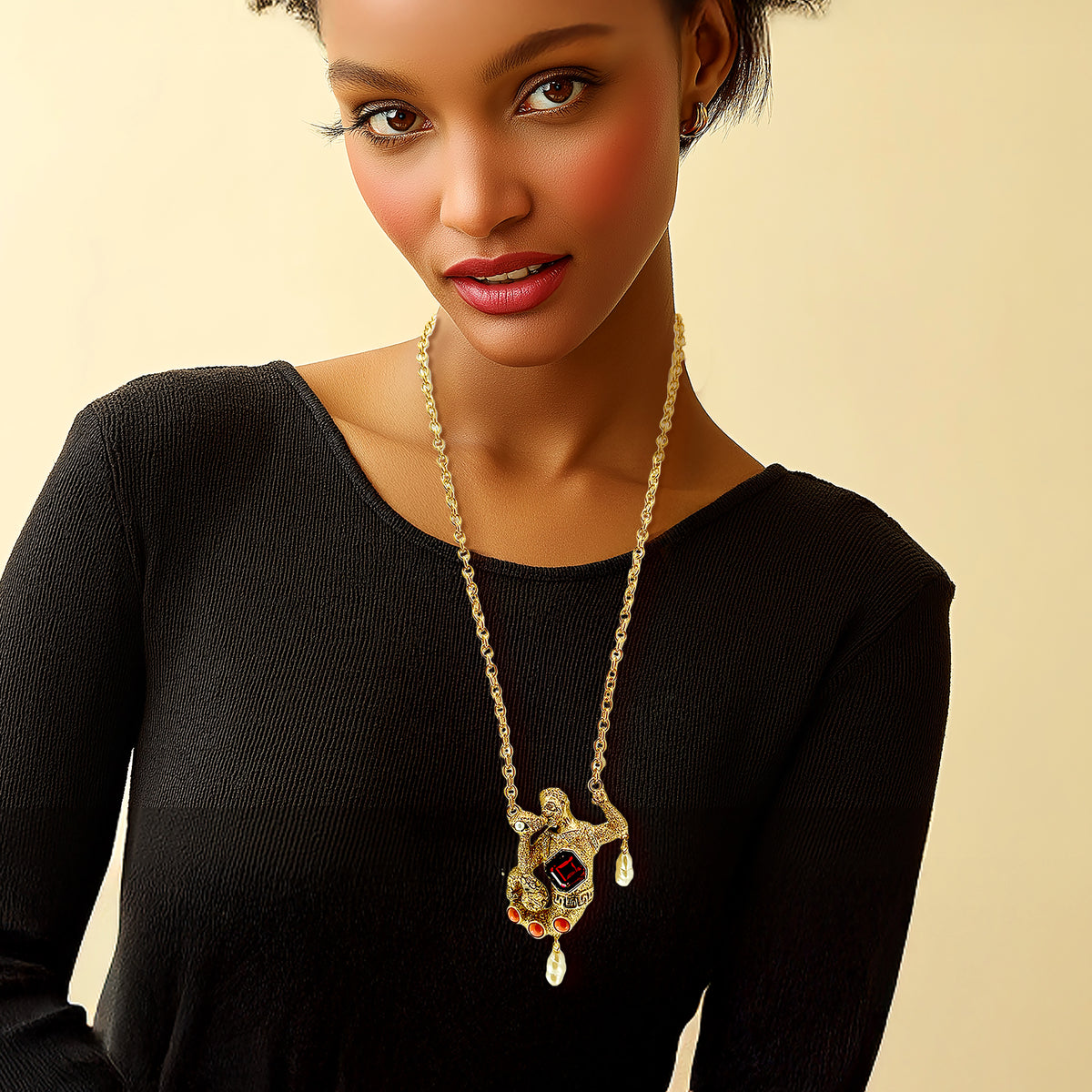 Kenneth Jay Lane Antique Gold Plate Swarovski Crystal Merman Mythology Necklace