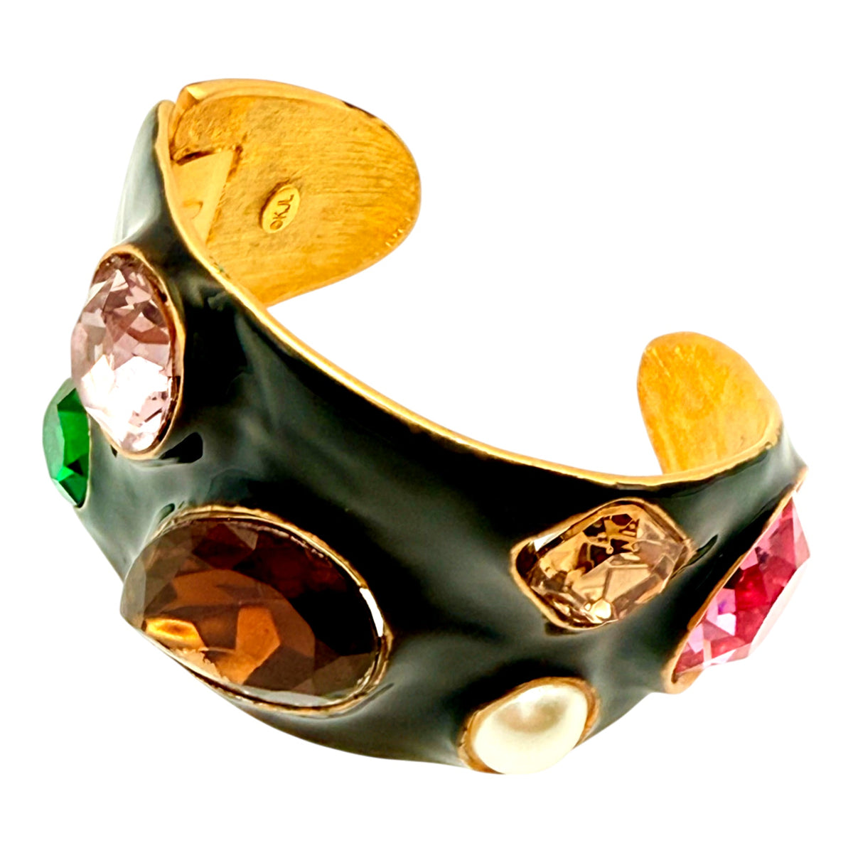 Kenneth Jay Lane Original Sample Black Enamel Cuff with Multi-Color Crystals USA