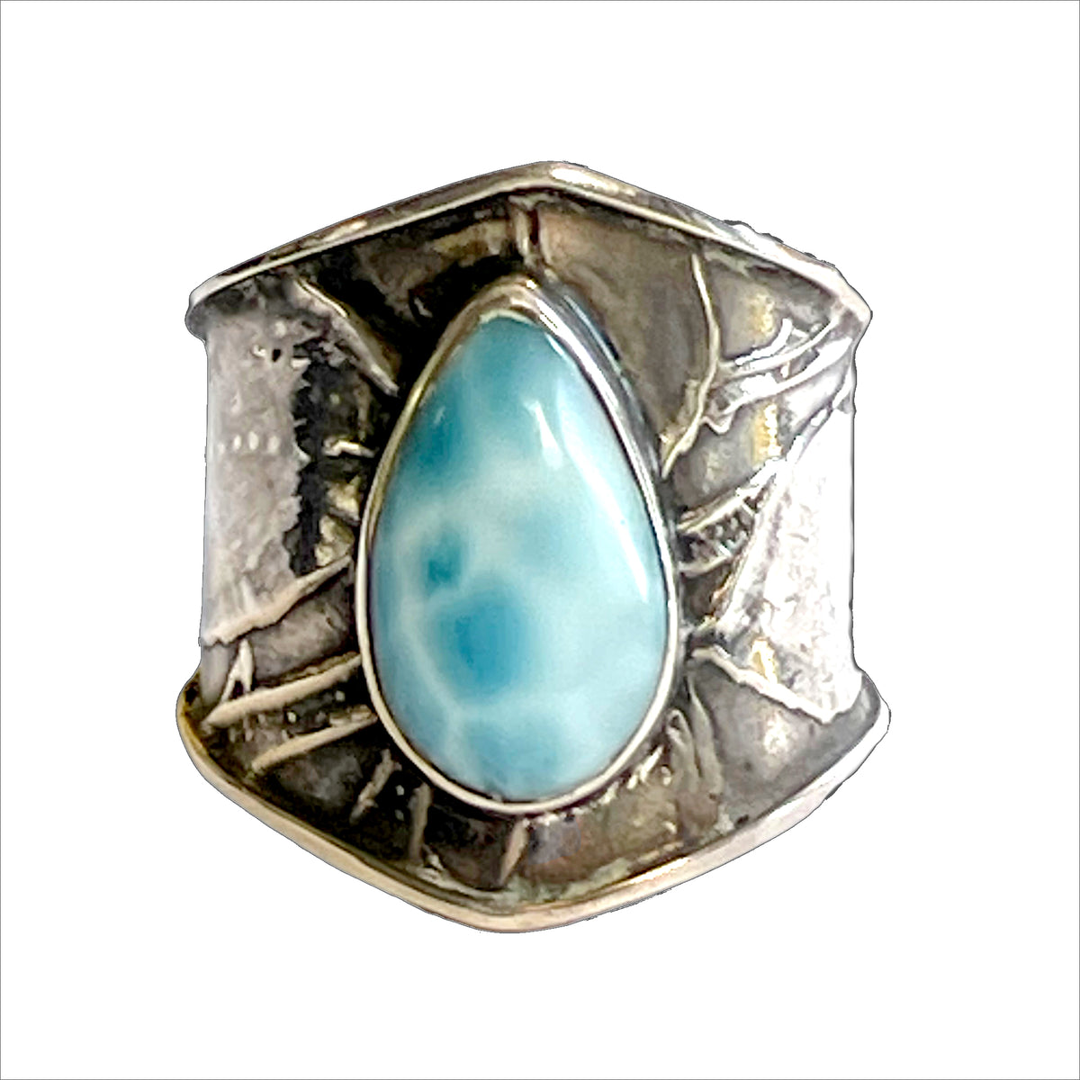 Tabra Jewelry 925 Sterling Silver Embossed Larimar Pear Ring Size 8.5 - 00K525
