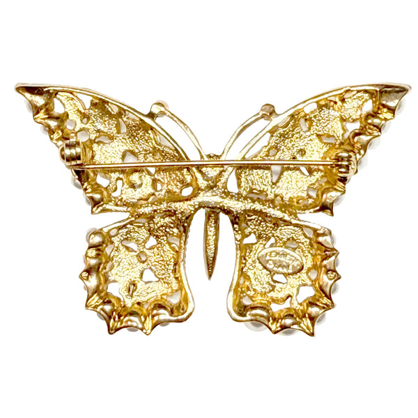 Kenneth Jay Lane Original Sample Butterfly Brooch Gold Crystal Pearl Filigree USA