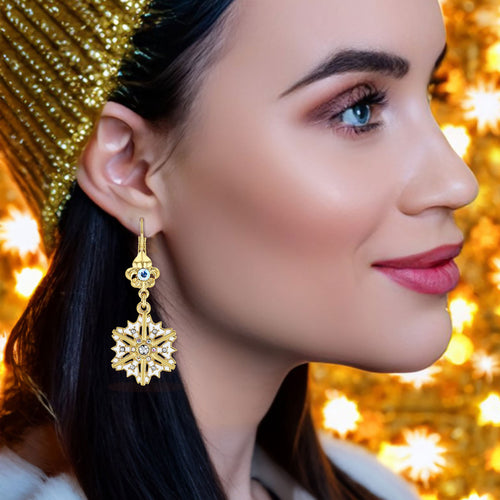 Icy Winter Snowflake Gold Dangle Earrings by Ritzy Couture DeLuxe - 22Gold Plated