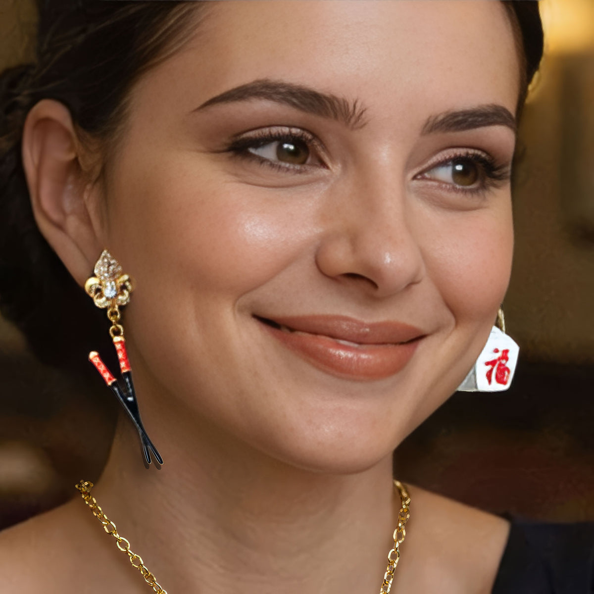 Ritzy Couture Chinese Take Out Container & Chopsticks Dangle Earrings Goldtone
