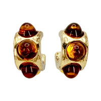 Oscar de la Renta 22k Gold Plate Smoke Topaz Resin Cabochon Huggie Post Earrings