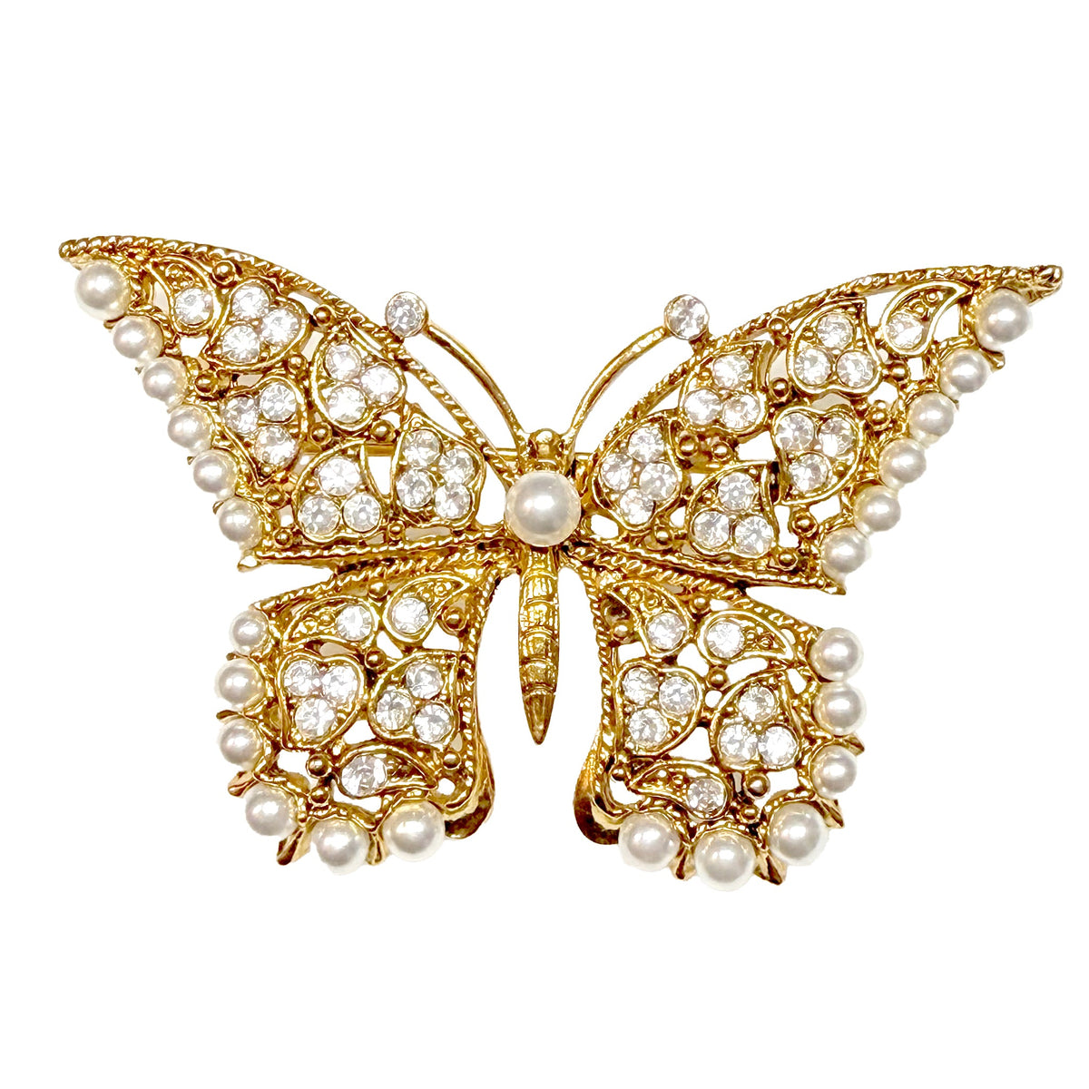 Kenneth Jay Lane Original Sample Butterfly Brooch Gold Crystal Pearl Filigree USA