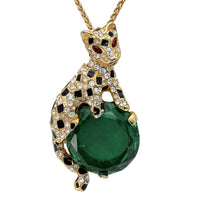 Kenneth Jay Lane Gold Swarovski Crystal Emerald Leopard Pendant Necklace