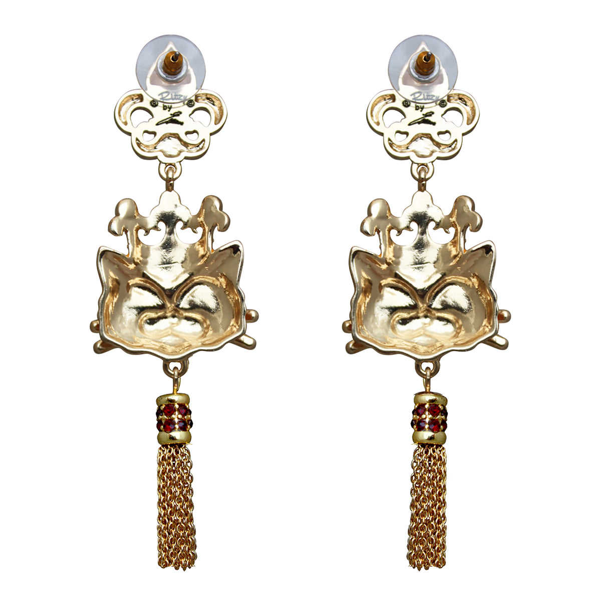 Ritzy Couture Princess Kitty Royal Crown White Cat Enamel Tassel Earrings-Goldtone