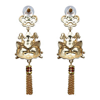 Ritzy Couture Princess Kitty Royal Crown White Cat Enamel Tassel Earrings-Goldtone