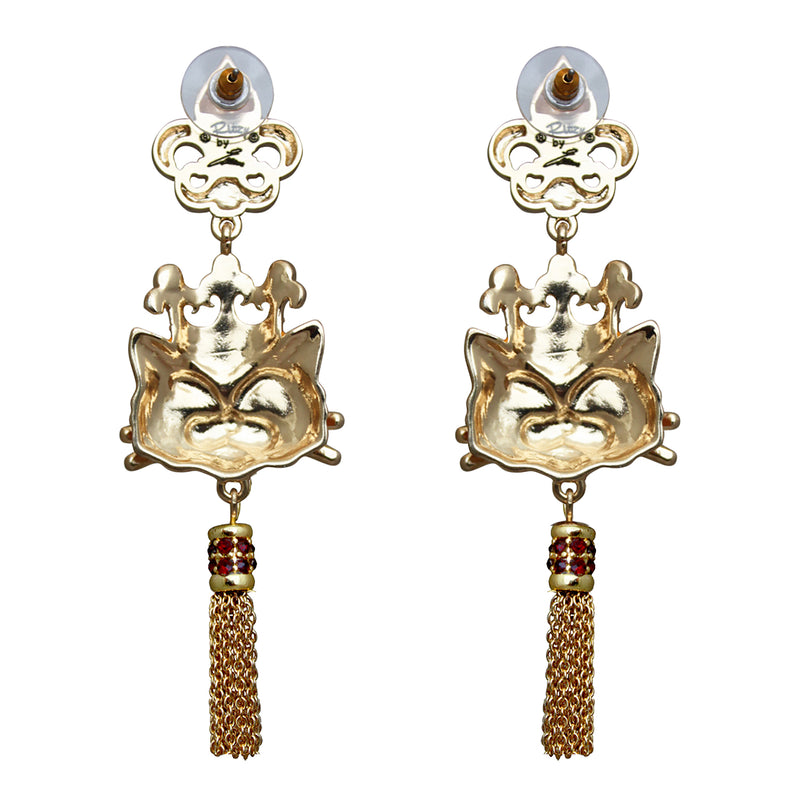 Ritzy Couture Princess Kitty Royal Crown White Cat Enamel Tassel Earrings-Goldtone