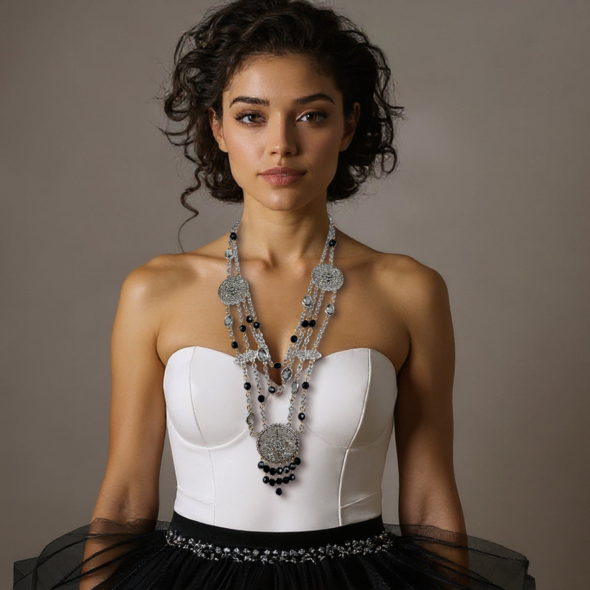 Oscar de la Renta Two Tone Crystal Black Bead Mandala Pendant Layered Necklace