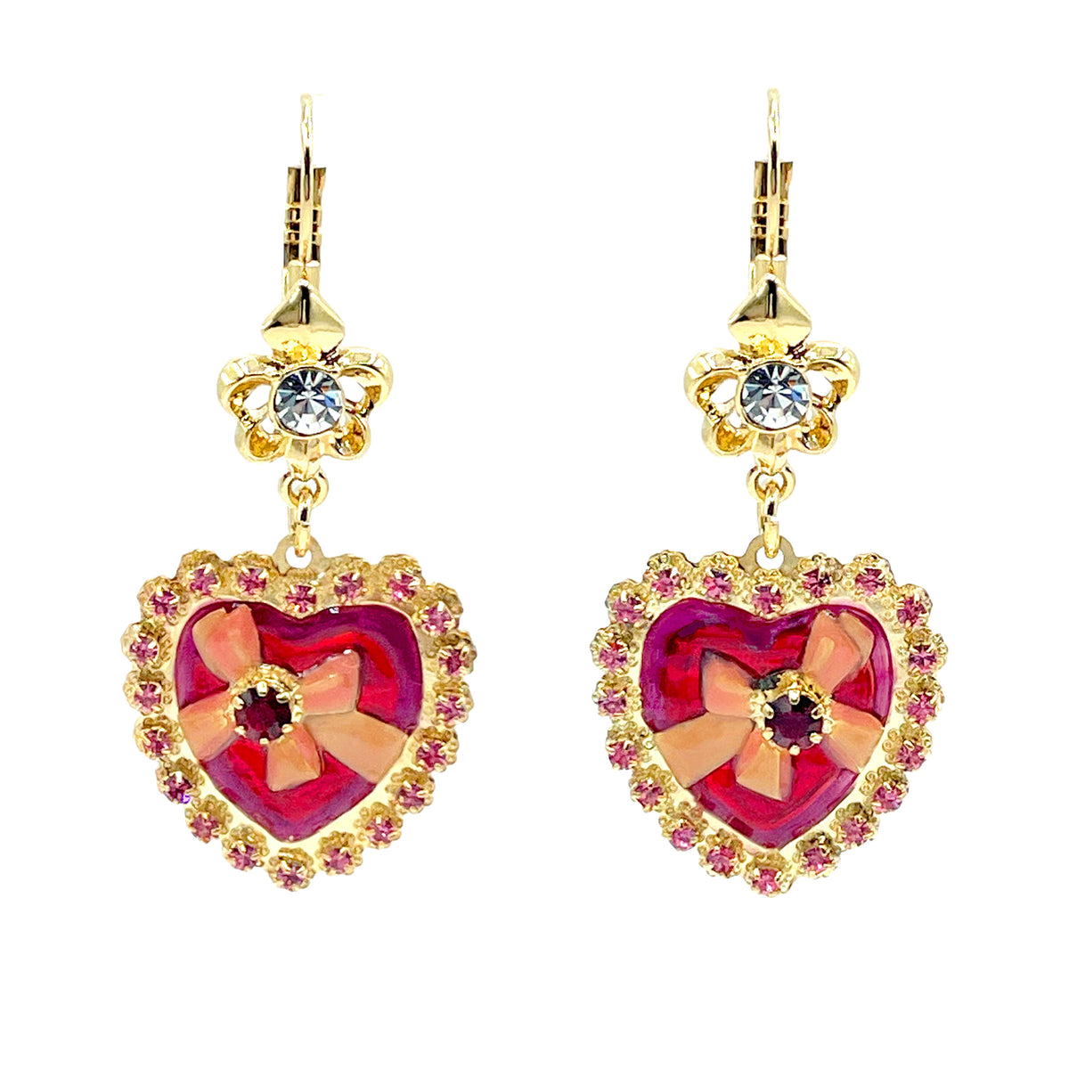 Lunch At The Ritz Valentine Love Heart & Bow Leverback Earrings 22K Gold Plating
