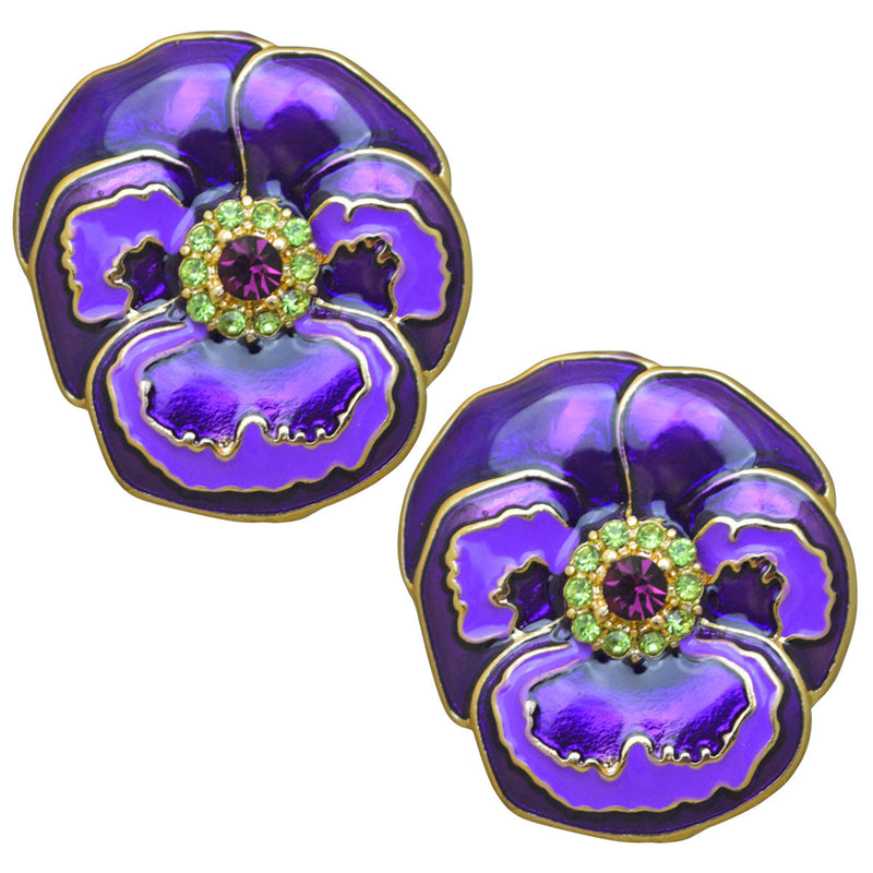 Ritzy Couture Pansy Purple Flower Crystal Garden Button Earrings (Goldtone)