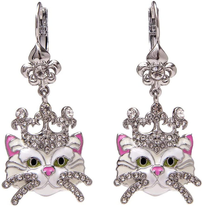 Ritzy Couture Fashion Jewelry Princess Kitty Dangle Charm Earrings for Women (Silvertone) - White