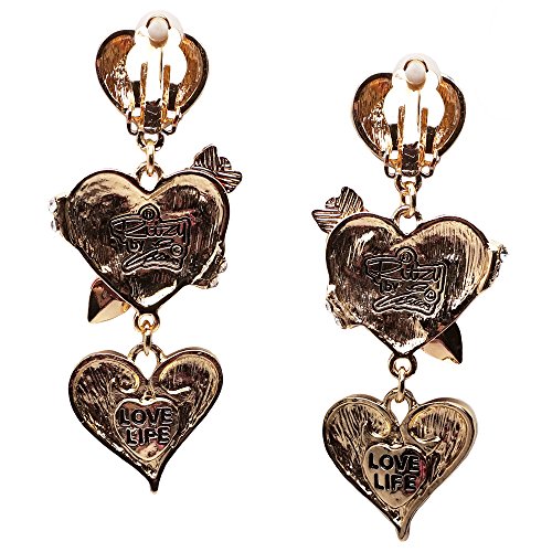 Ritzy Couture Romance Love Heart & Arrow Valentine Red Dangle Earrings (Goldtone)