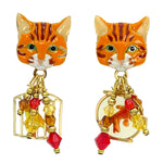 Lunch At The Ritz Orange Tabby Cute Cat and Goldfish Dangle Post Earrings Goldtone