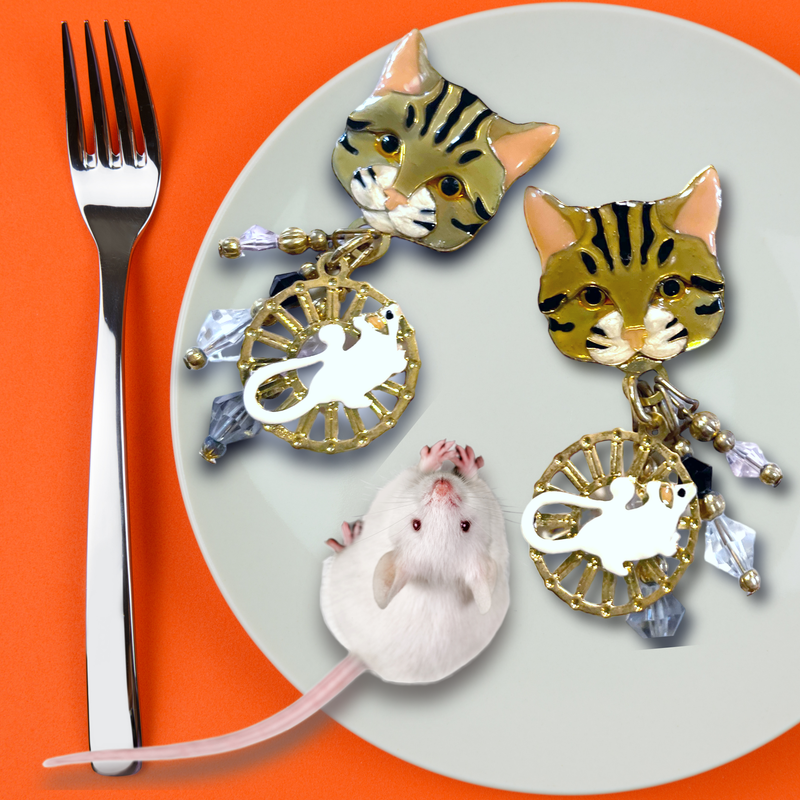 Lunch At The Ritz Gray Tabby Cute Cat and Mouse Dangle Post Earrings (Goldtone)
