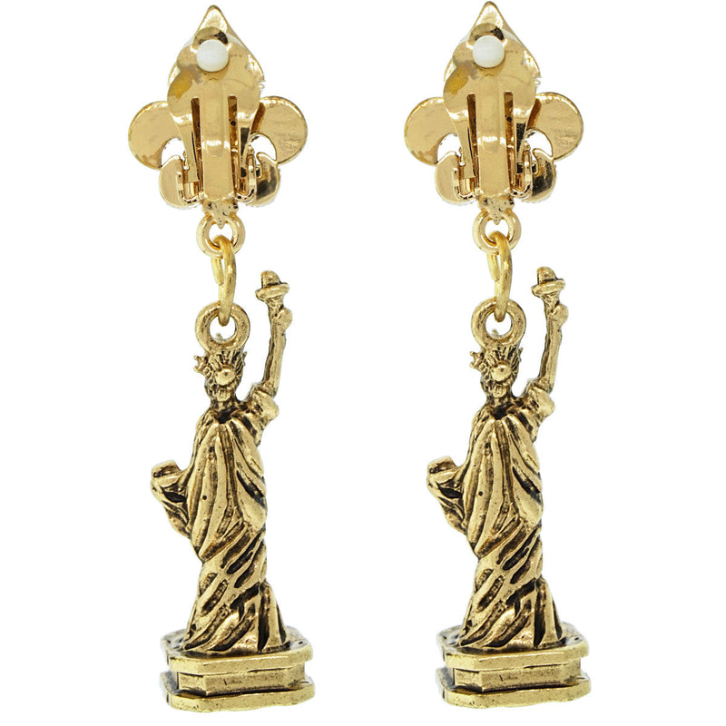 Ritzy Couture Dazzling Statue of Liberty Travel Dangle Earrings Antique Goldtone