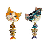 Lunch At The Ritz Asymmetrical Cute Cat Lover Dangle Clip Earrings in Goldtone
