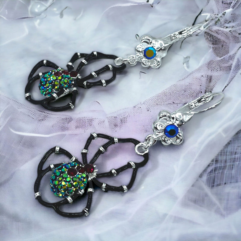 Ritzy Couture DeLuxe Halloween Spider Crystal Leverback Earrings-Fine Silver Plate