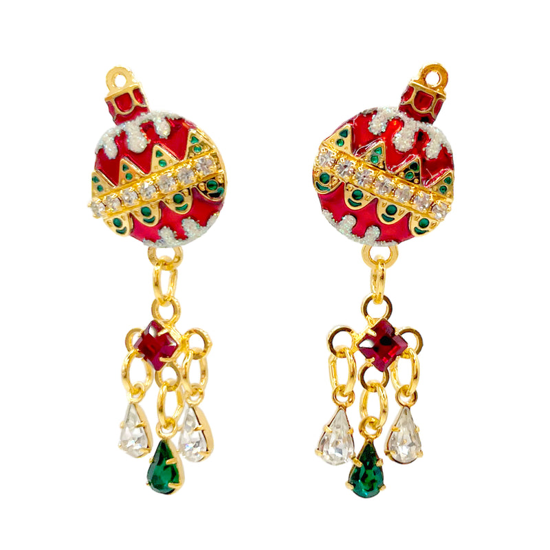 Lunch at The Ritz Red Christmas Ornament Post Dangle Earrings 22k Gold Plated
