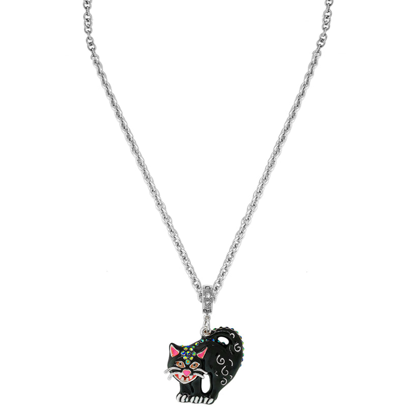 Ritzy Couture Halloween Scared Black Cat Charm Pendant 21" Necklace Silvertone