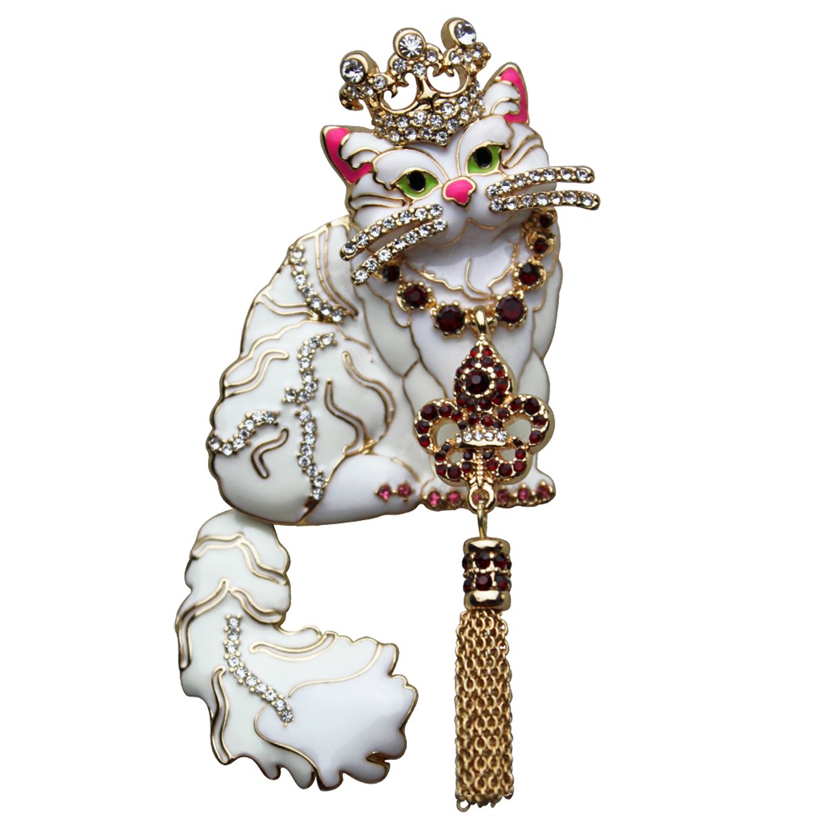 Ritzy Couture Princess Kitty White Cat Pin/Pendant (Goldtone) - White/Gold/Red