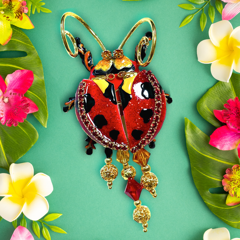 Lunch at The Ritz Ladybug Statement Pin Red Enamel Movable Wings 22k Gold-Plated