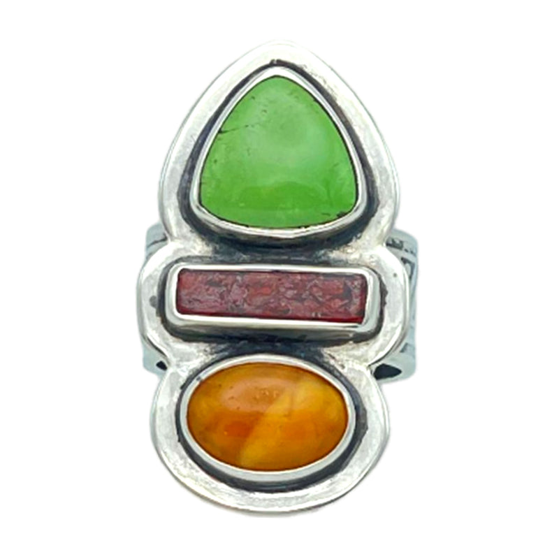 Tabra Jewelry 925 Sterling Silver Honey Amber Red Jasper & Green Turquoise Ring Size 5 00K522