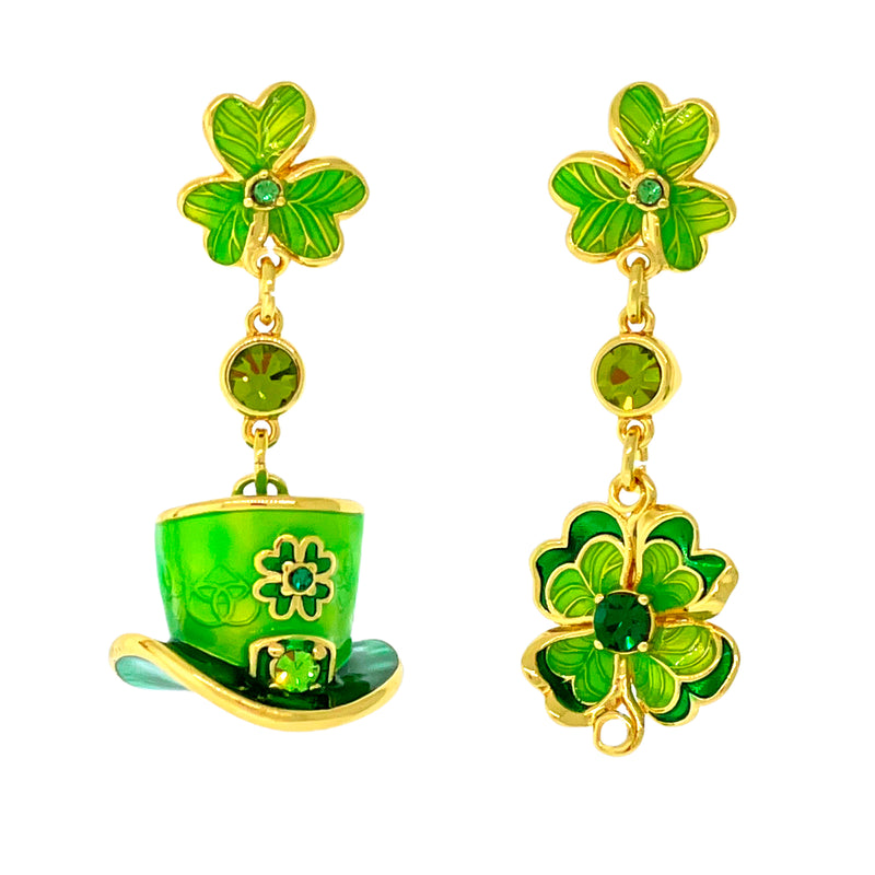 Leprechaun Hat and Clover Emerald Crystal Earrings by Ritzy Couture DeLuxe - 18k Gold Plating