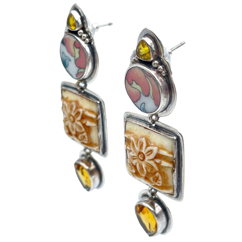 Tabra Jewelry 925 Sterling Silver Hand Carved Flowers Chinese Pottery Shards Citrine Post Earrings 00K536A