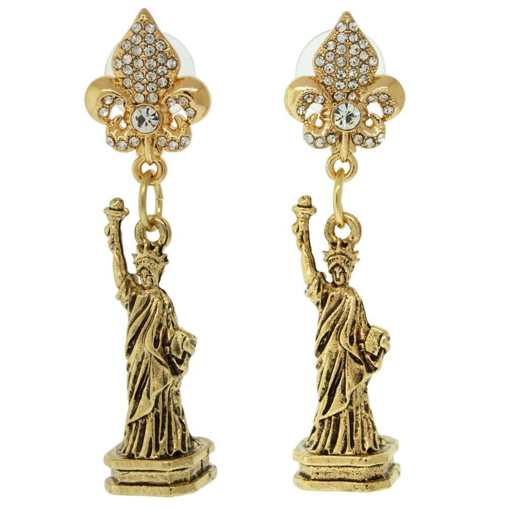 Ritzy Couture Dazzling Statue of Liberty Travel Dangle Earrings Antique Goldtone
