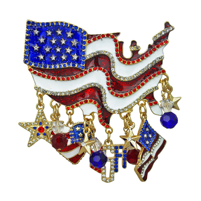 American Flag Multi Charm July 4th Patriotic Pin/Pendant (Goldtone) Ritzy Couture - Red/White/Blue
