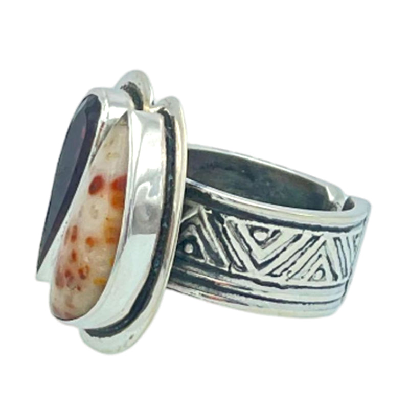 Tabra Jewelry 925 Sterling Silver Petrified Palm Wood & Indian Garnet Ring Size 5.25 00K523
