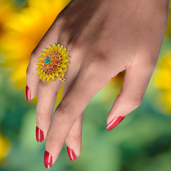 Lunch at The Ritz 2Go Sun-Kissed Sunburst Yellow Sunflower Ring Goldtone Size 7
