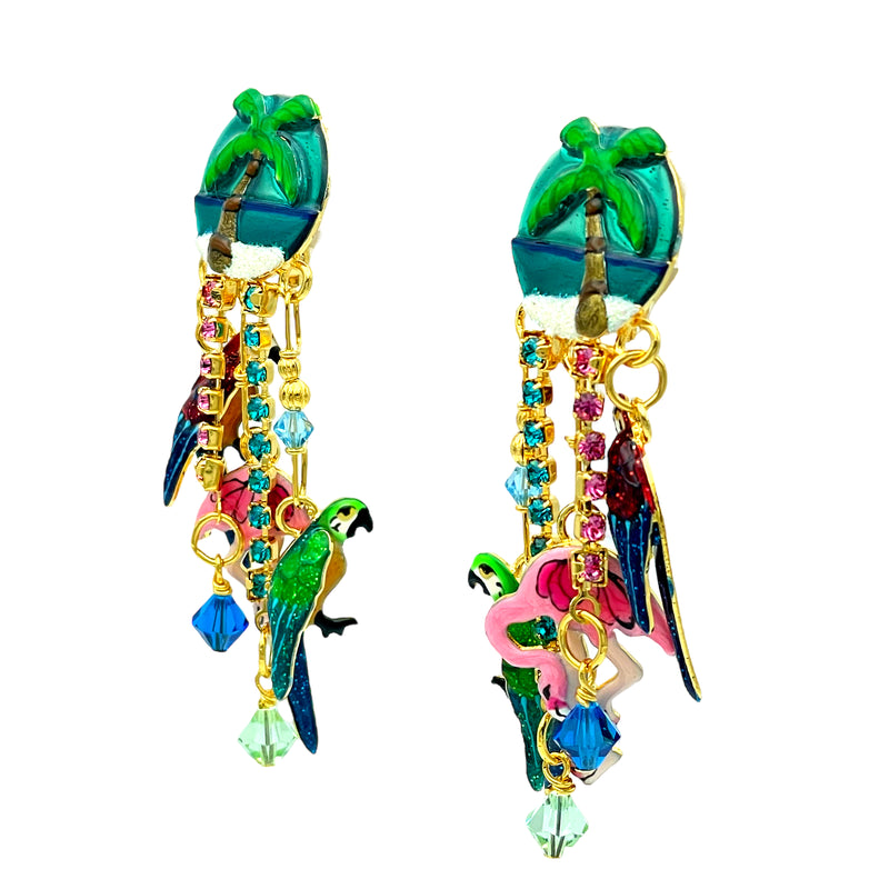 Lunch at The Ritz Hawaiin Shirt Palm Parrot Paradise Clip Earrlings 22k Gold Plated