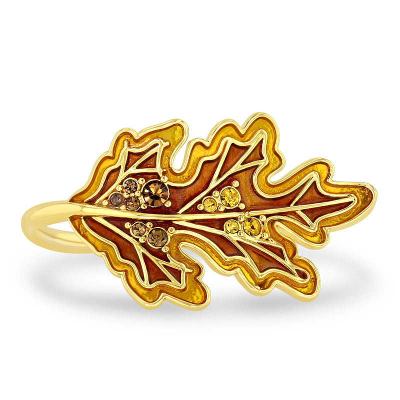 Autumn Oak Leaf Fall Enamel Pave Ring - 18k Gold Plated