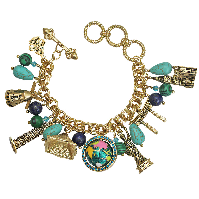Ritzy Couture World Around US Turquoise Lapis Multi Charm Travel Charm Bracelet (Antique Goldtone)