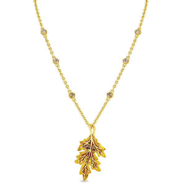 Autumn Oak Leaf Fall Enamel 18" Necklace 18k Gold Plated Brass