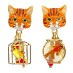 Lunch At The Ritz Orange Tabby Cute Cat and Goldfish Dangle Post Earrings Goldtone