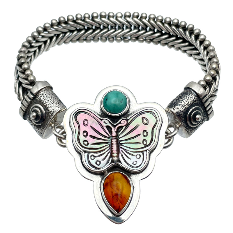 Tabra Jewelry Sterling Carved Mother Of Pearl Turquoise Carnelian Charm OOK505