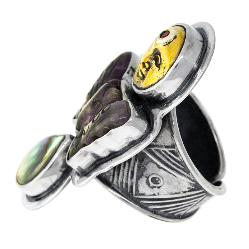 Silver Antique Bronze Ruby Amethyst Abalone Ring - Side View